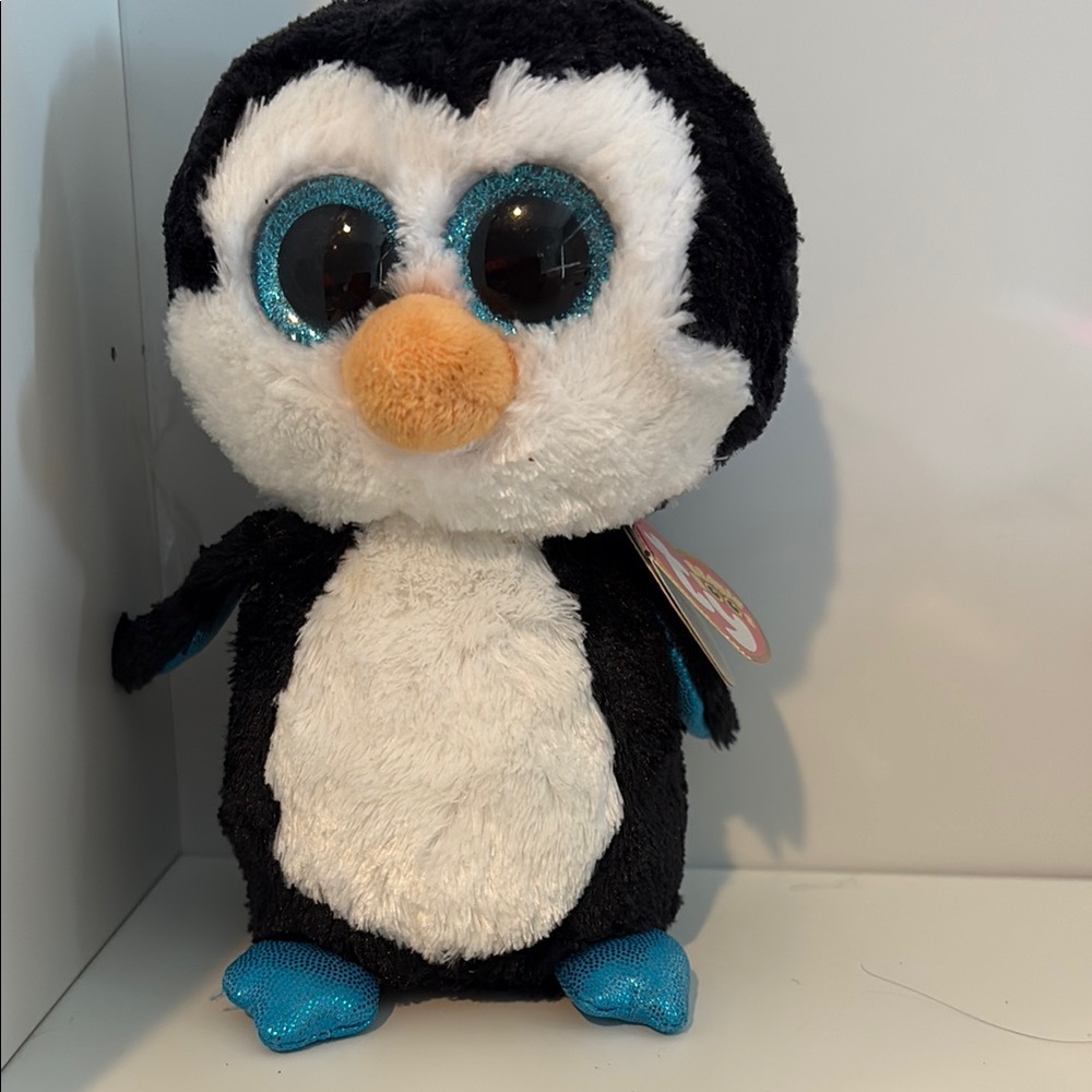 Black and White Penguin Plush with Blue Accents